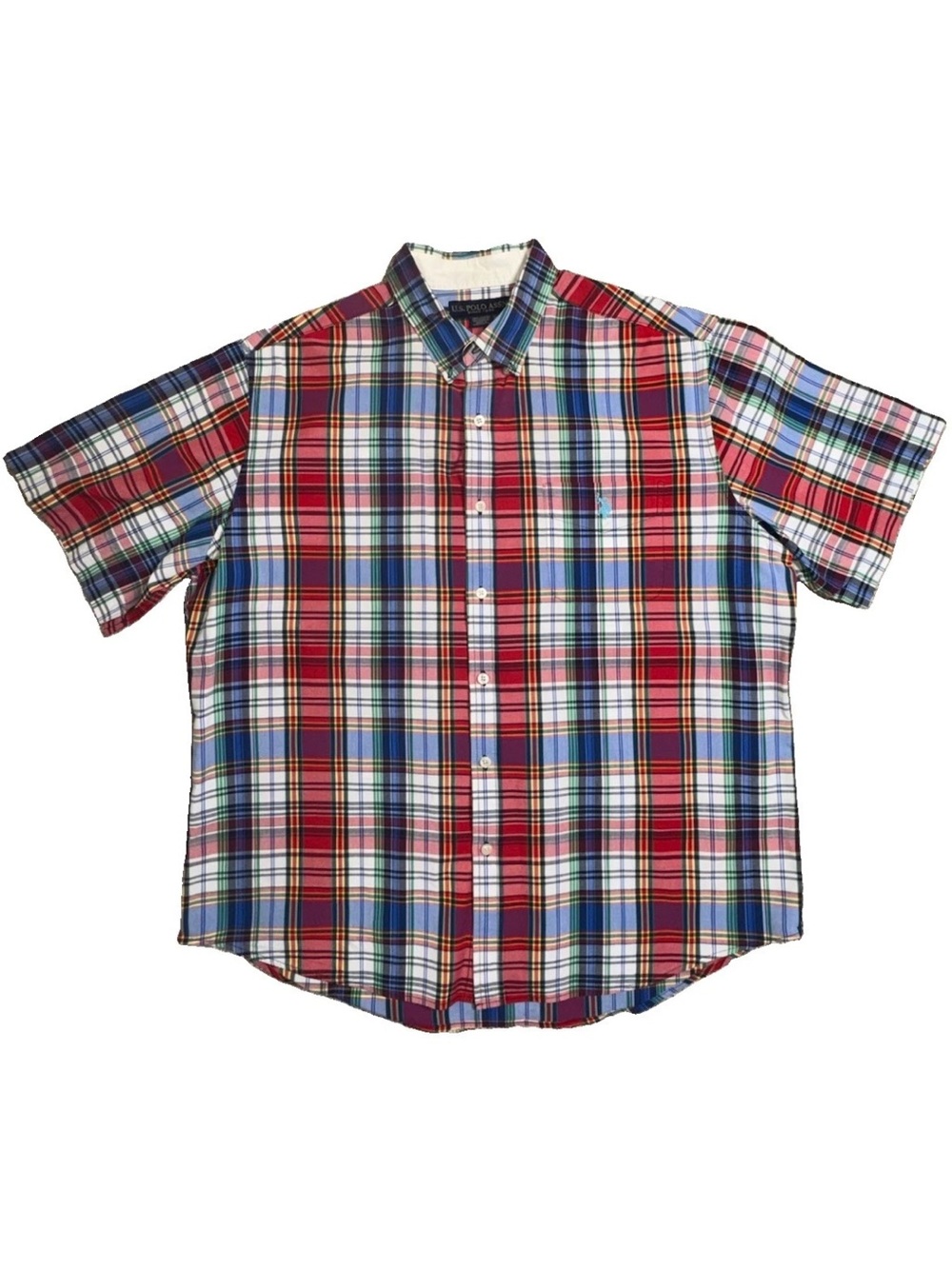 U.S. Polo Assn Mens XL Madras Plaid Shirt Short Sleeve 100% Cotton Multicolor